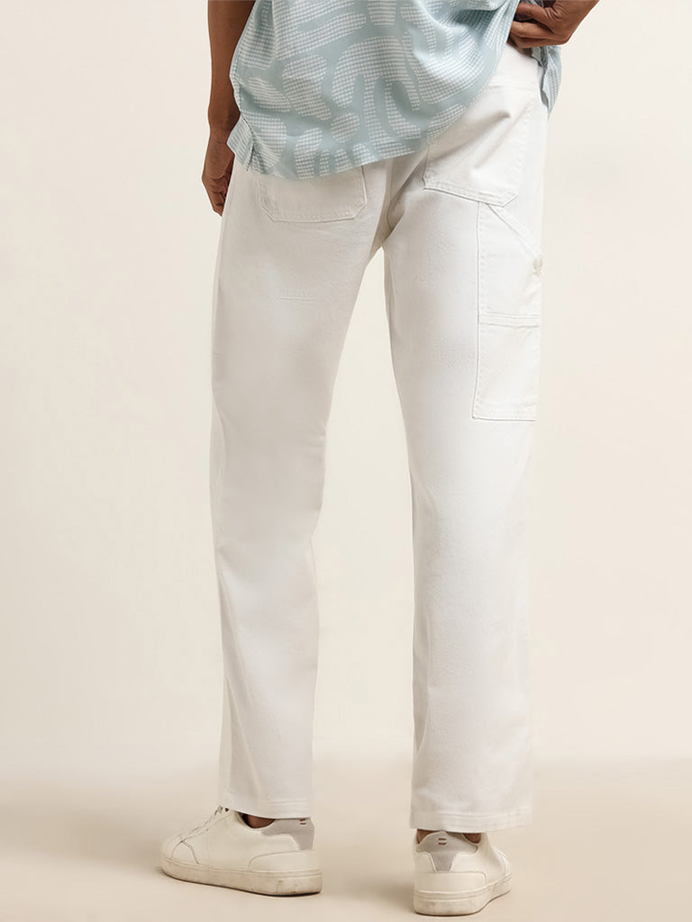 Nuon White Relaxed Fit Solid Cotton Mid Rise Pants
