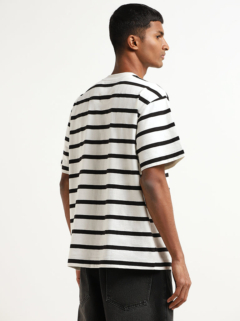 Nuon Black Monochrome Striped Cotton Relaxed Fit T-Shirt