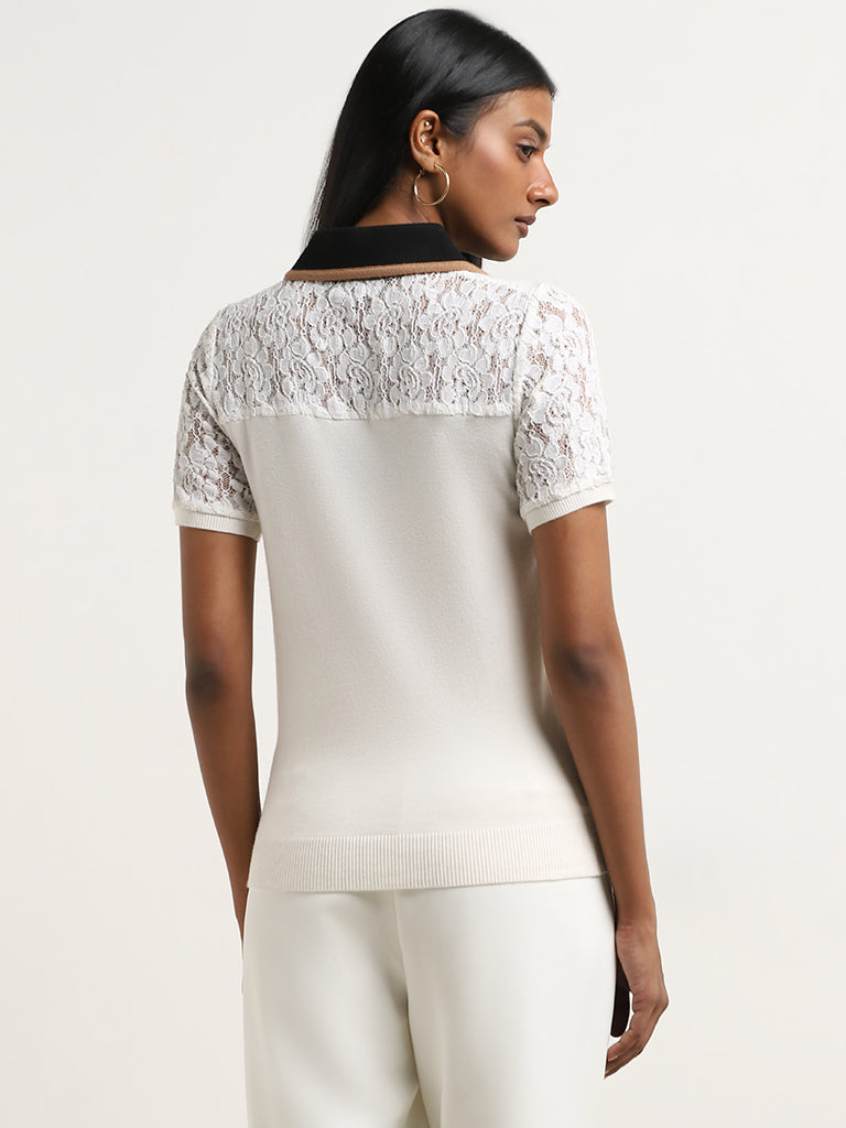 Wardrobe Off-White Lace Detailed Knitted Top