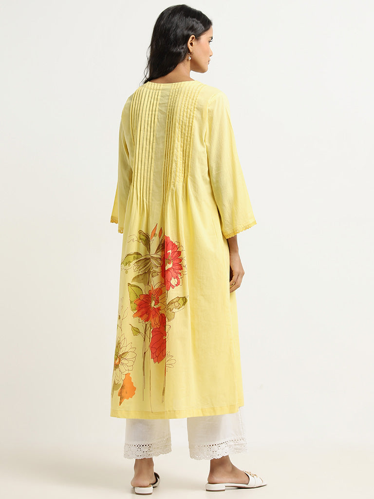 Utsa Yellow Floral Design Cotton A-Line Kurta