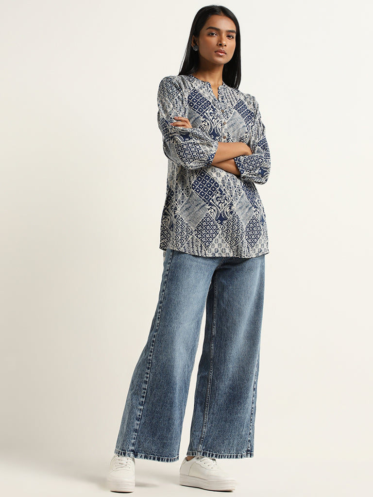 Buy Utsa Indigo Diamond Block Printed Straight Kurti from Westside