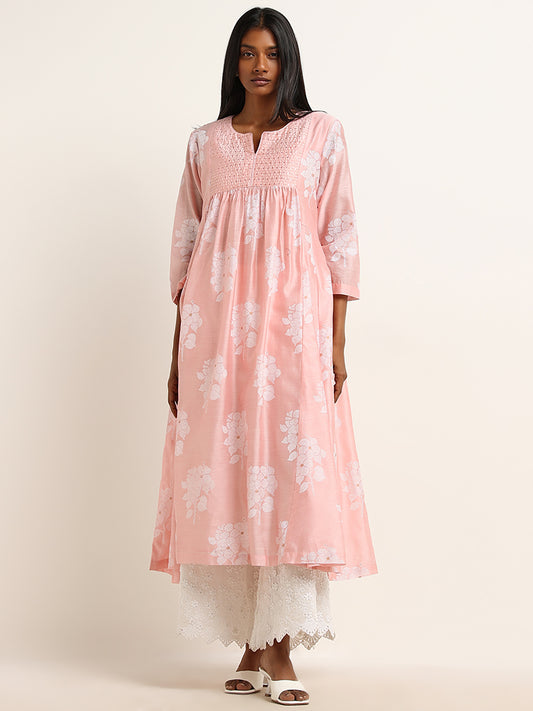 Zuba Pink Bandhani Floral Design Cotton Blend A-Line Kurta with Camisole
