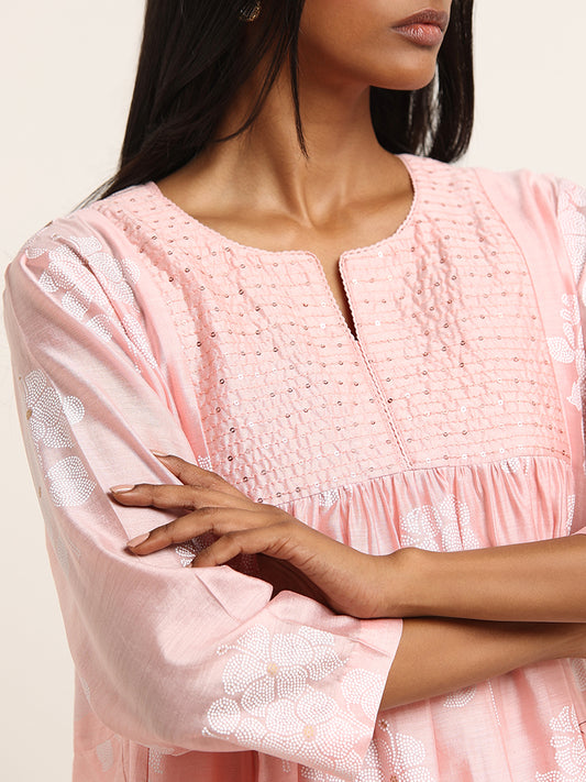 Zuba Pink Bandhani Floral Design Cotton Blend A-Line Kurta with Camisole