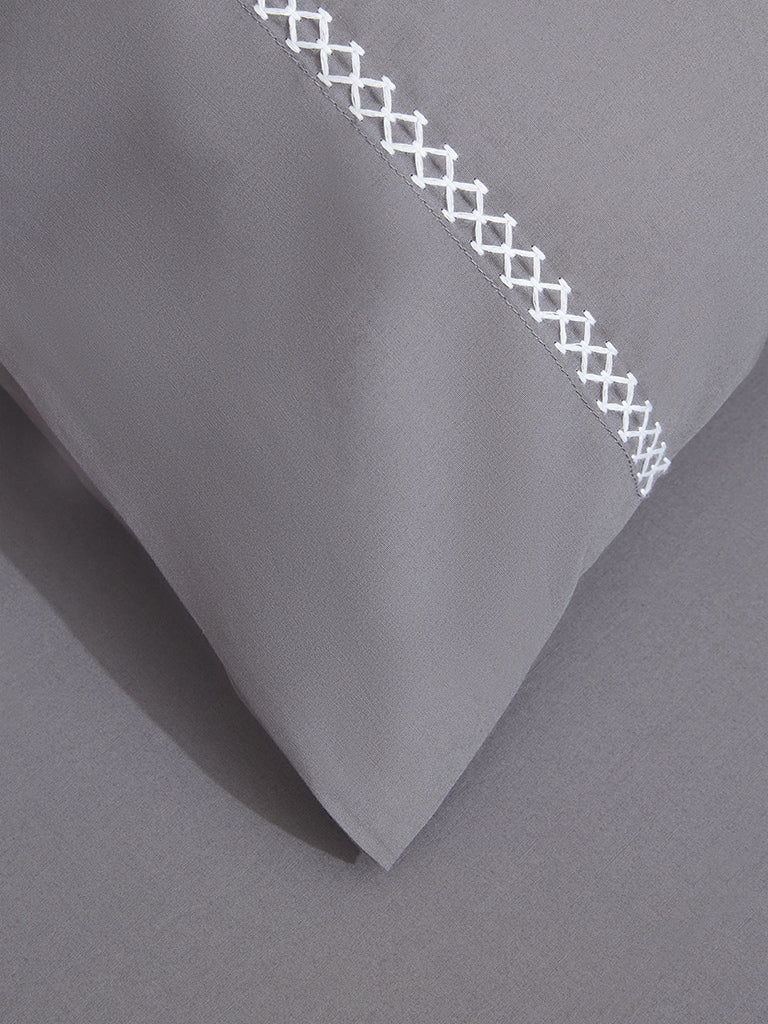 Westside Home Grey Embroidered Double Bed Flatsheet and Pillowcase Set
