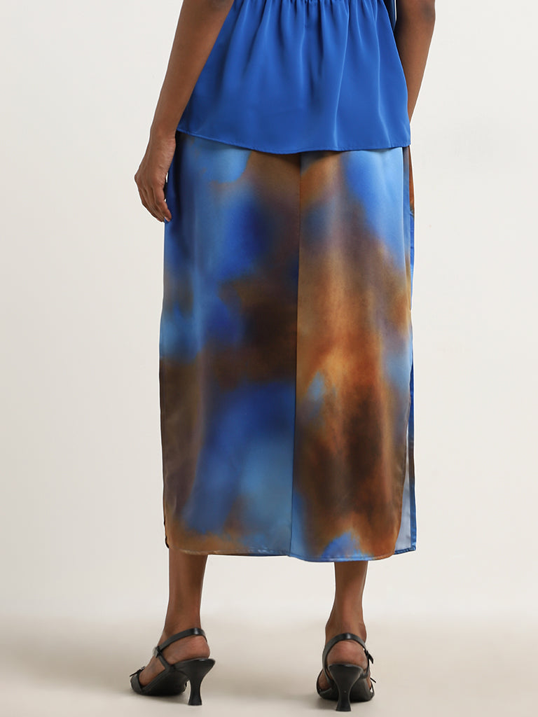 Wardrobe Blue Tie-Dye High Rise Skirt with Slit