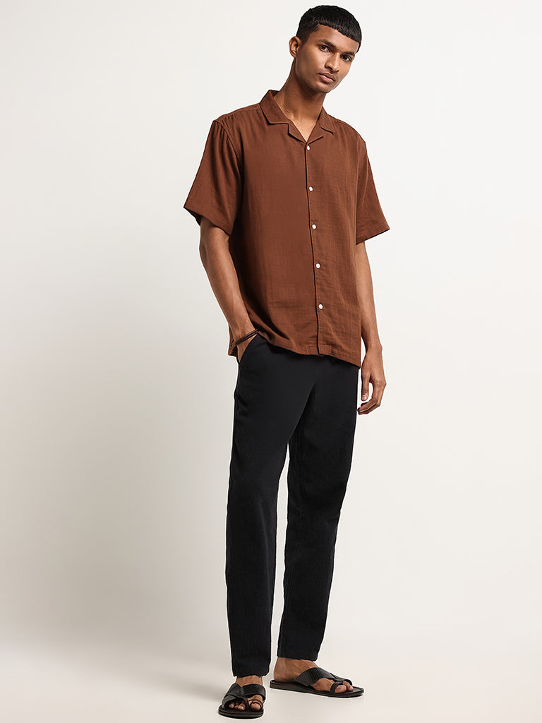 ETA Solid Brown Cotton Relaxed Fit Shirt