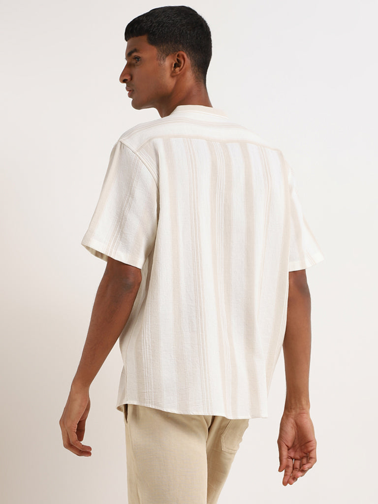 ETA Beige Striped Cotton Relaxed Fit Grandad Shirt
