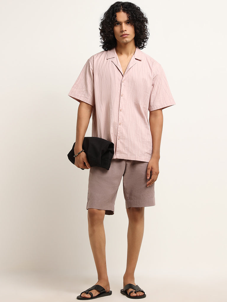 ETA Pink Self Striped Cotton Blend Relaxed Fit Shirt