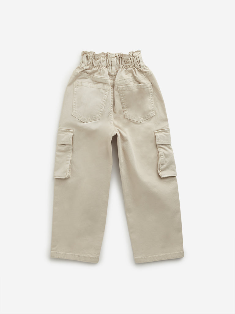HOP Kids Beige Mid-Rise Paperbag Waist Trousers