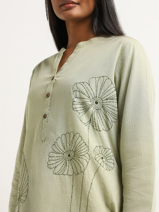 Utsa Green Floral Embroidered High-Low Cotton Kurti