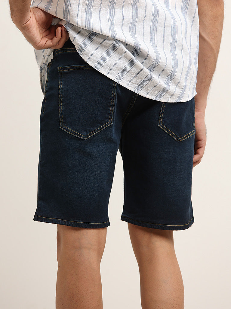 WES Casuals Dark Blue Solid Mid Rise Relaxed Fit Denim Shorts