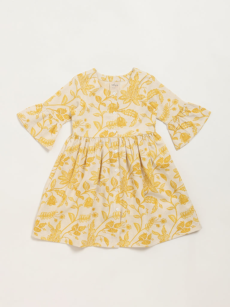 Utsa Kids Mustard Floral Print Button-Down Dress (2 - 8yrs)