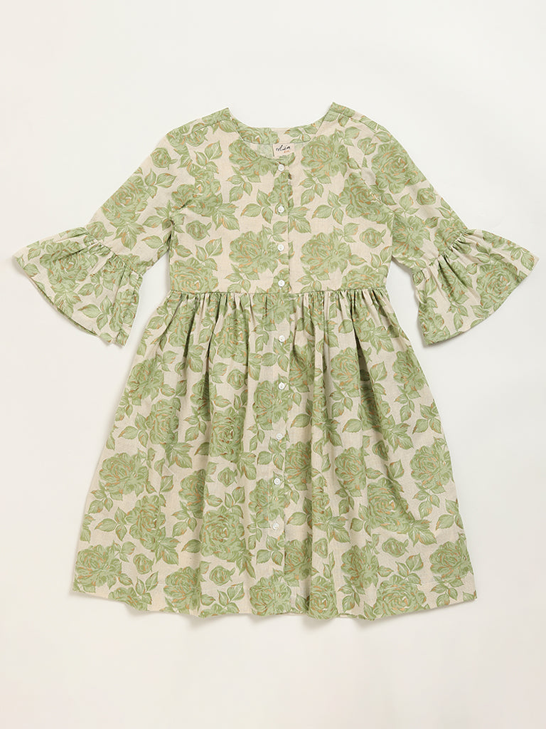 Utsa Kids Green Floral Print Dress