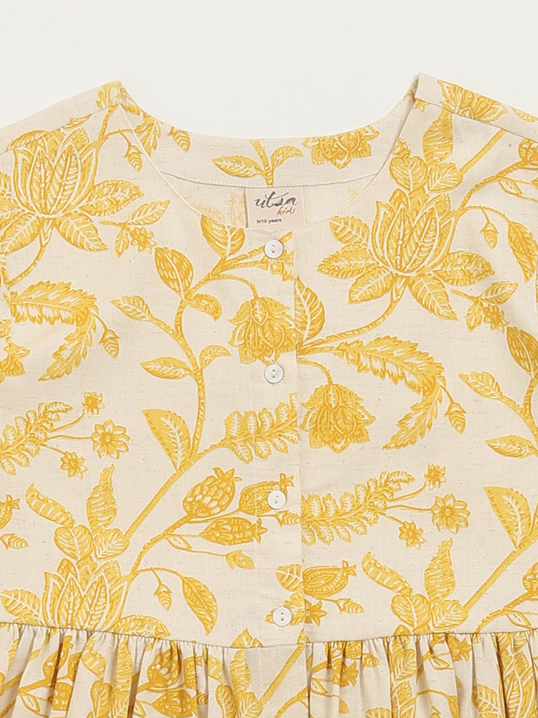 Utsa Kids Mustard Floral Print Button-Down Dress (8 -14yrs)