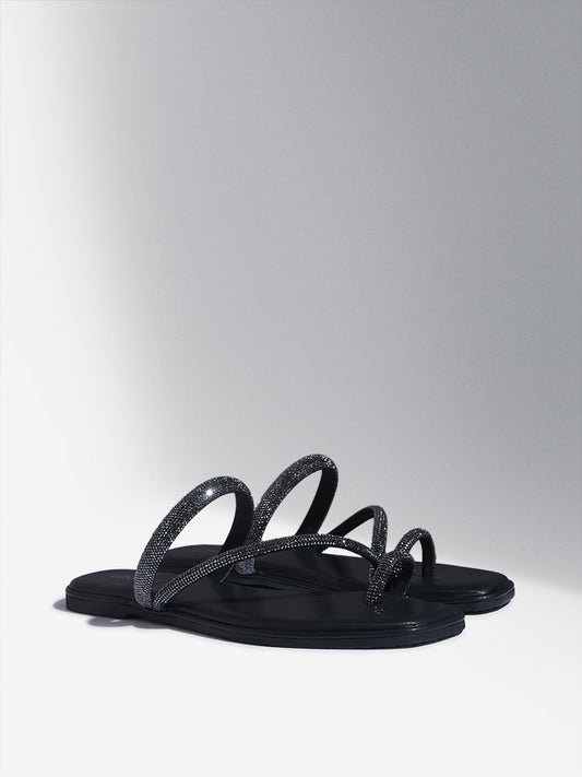 LUNA BLU Black Diamante Embellished Sandals