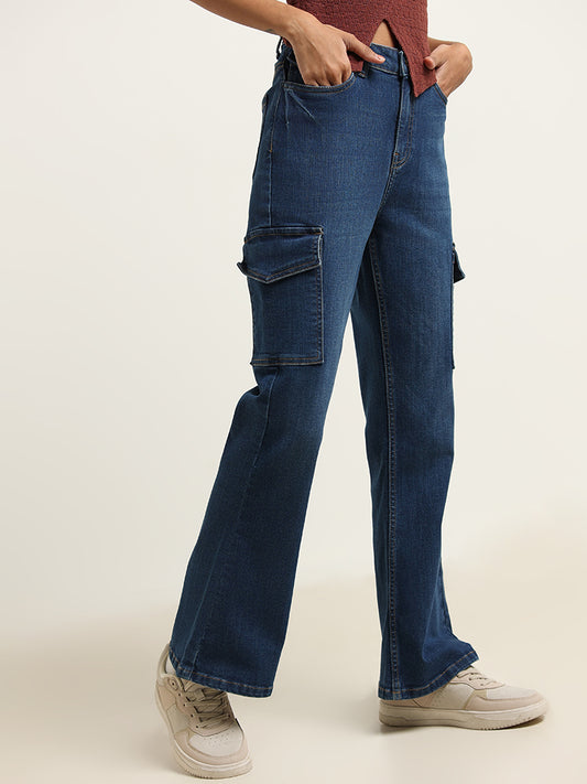 Nuon Blue Wide Leg Fit High Rise Cargo Jeans