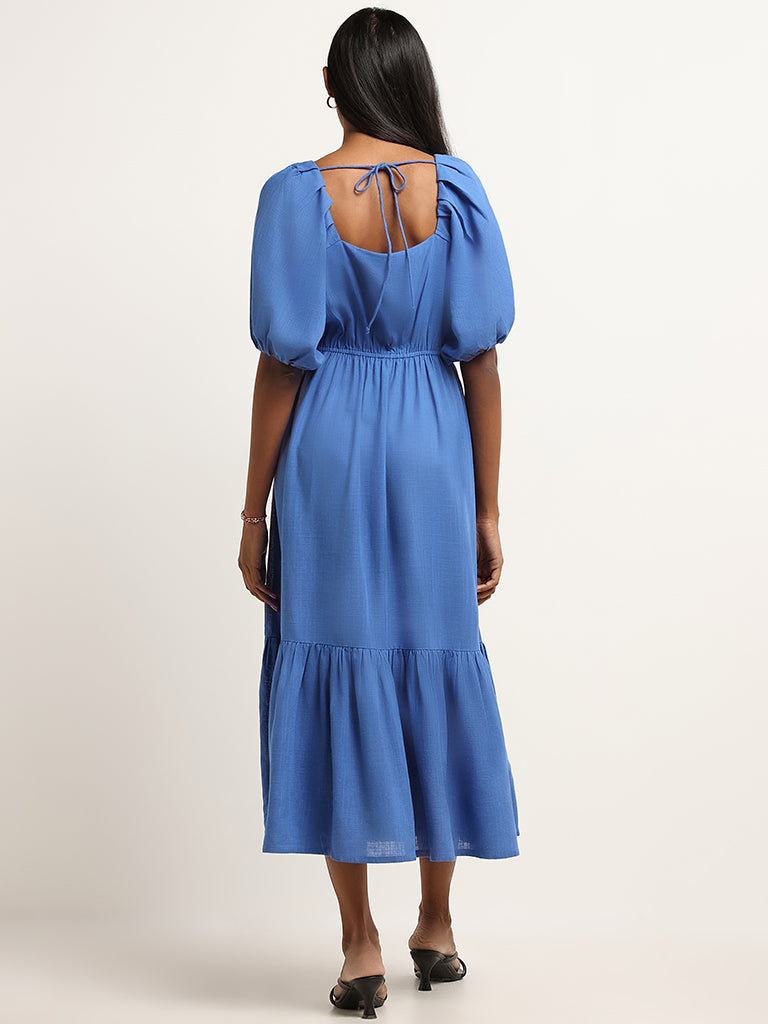 LOV Solid Blue Tiered Blended Linen Maxi Dress