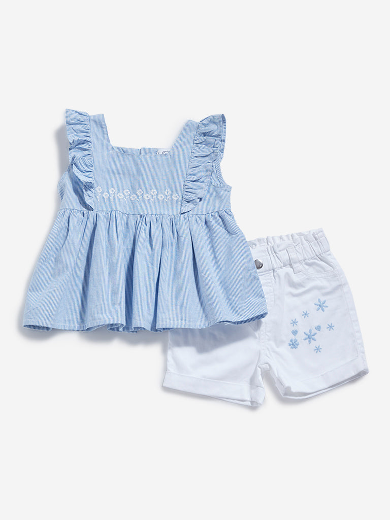 HOP Baby Blue Striped Casual Dress with Shorts Set