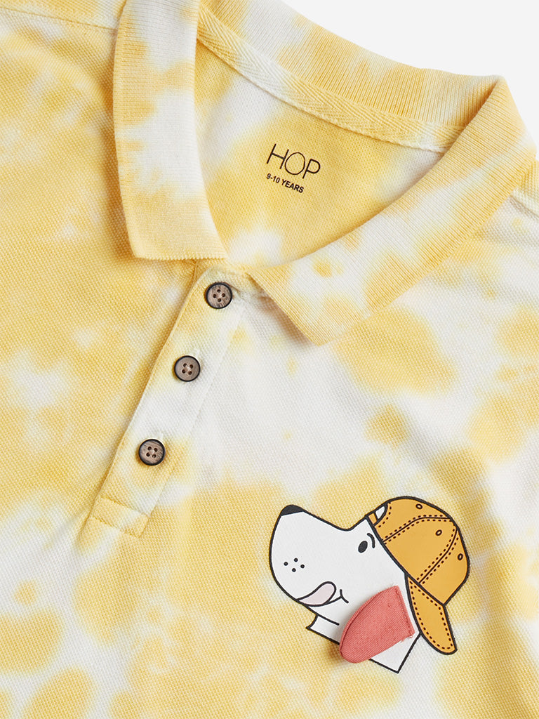 HOP Kids Yellow Tie-Dye Printed Polo T-Shirt