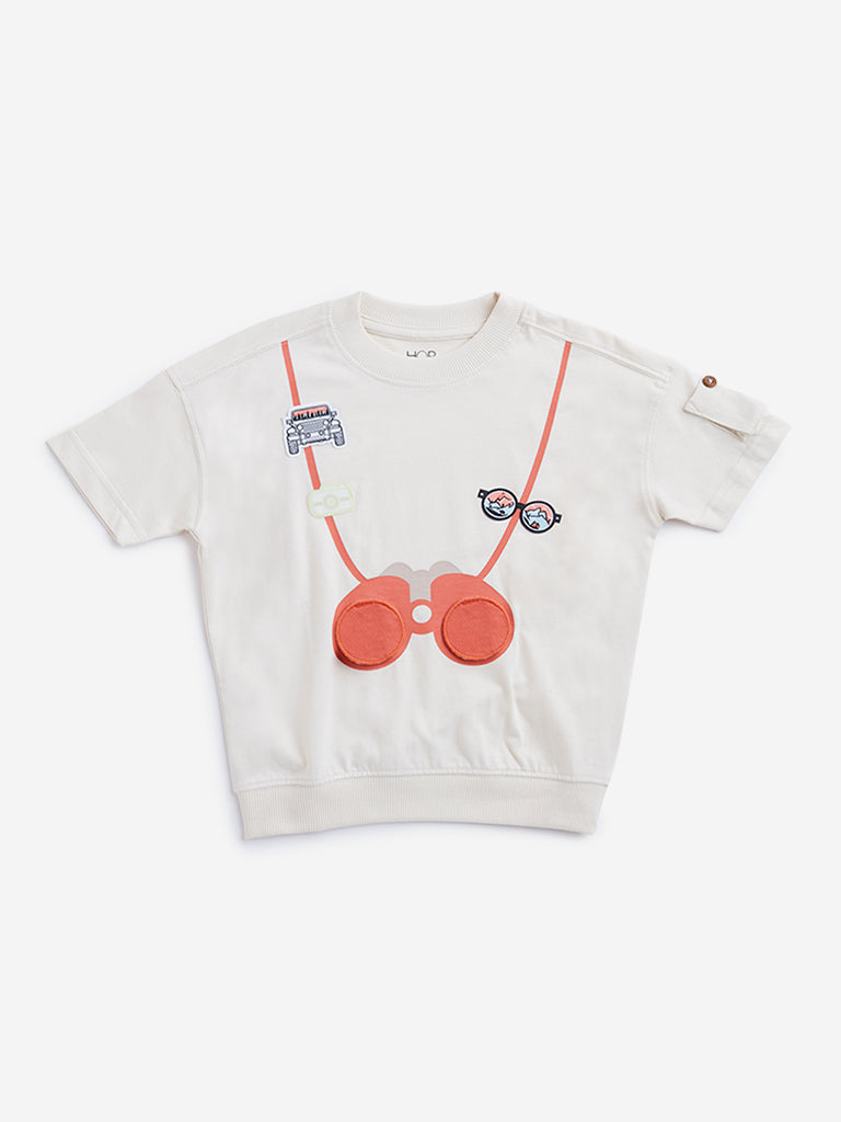 HOP Kids Light Beige Safari Print Cotton T-Shirt