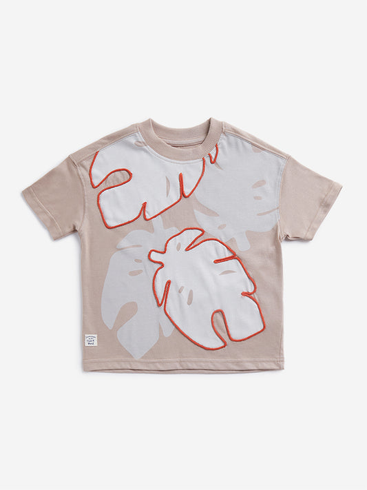 HOP Kids Taupe Leaf Embroidered T-Shirt
