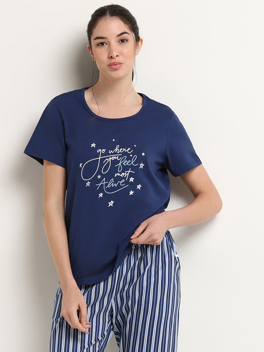 Wunderlove Navy Contrast Printed Cotton T-Shirt