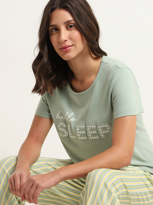 Wunderlove Green Contrast Print Cotton T-Shirt