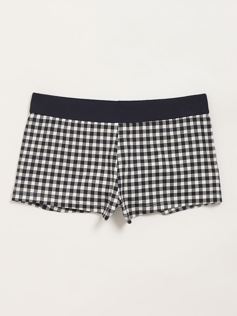 Superstar Navy Checkered Boy Shorts Cotton-Blend Briefs