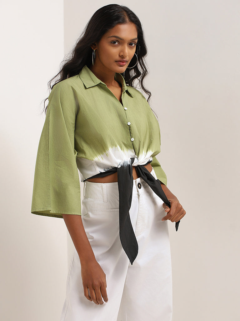 LOV Green Tie-Dye Cotton Tie-Up Shirt