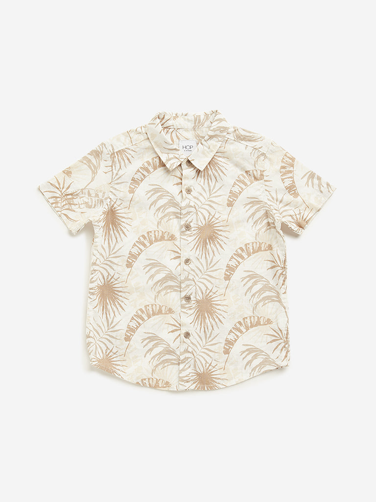 HOP Kids Beige Foliage Printed Cotton Shirt
