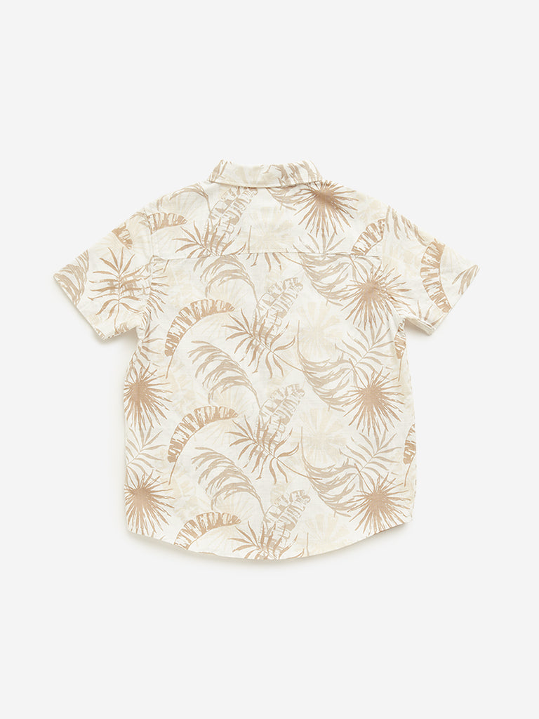 HOP Kids Beige Foliage Printed Cotton Shirt