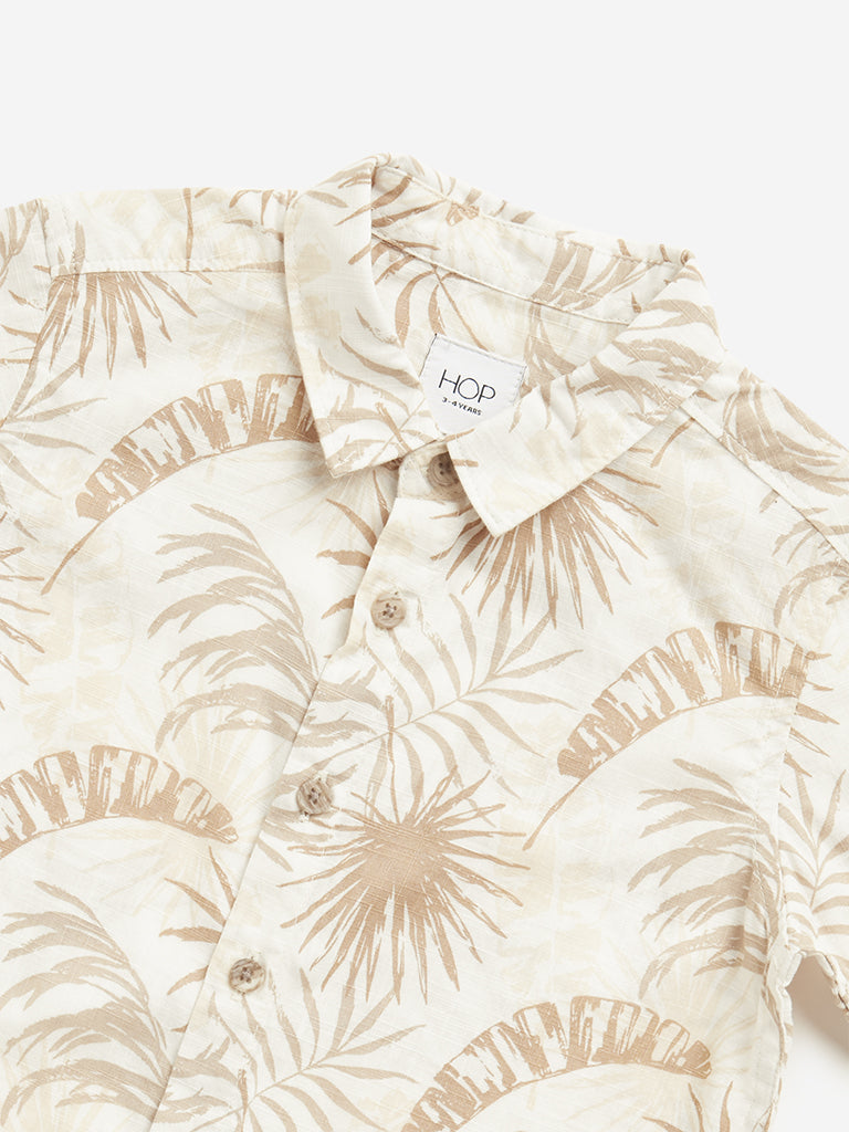 HOP Kids Beige Foliage Printed Cotton Shirt
