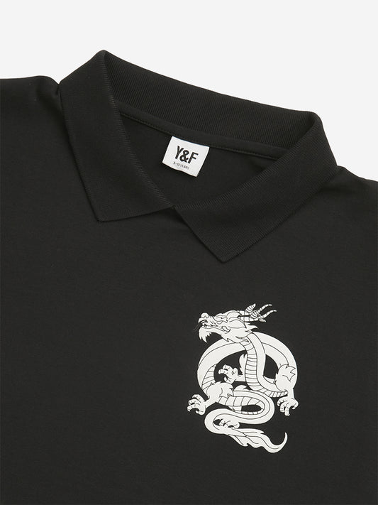 Y&F Kids Black Dragon Design Polo Crop T-Shirt