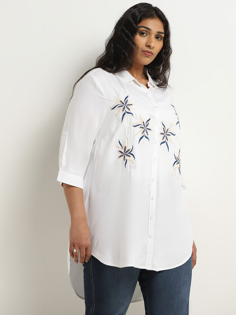 Gia White Floral Embroidered Cotton High-Low Shirt