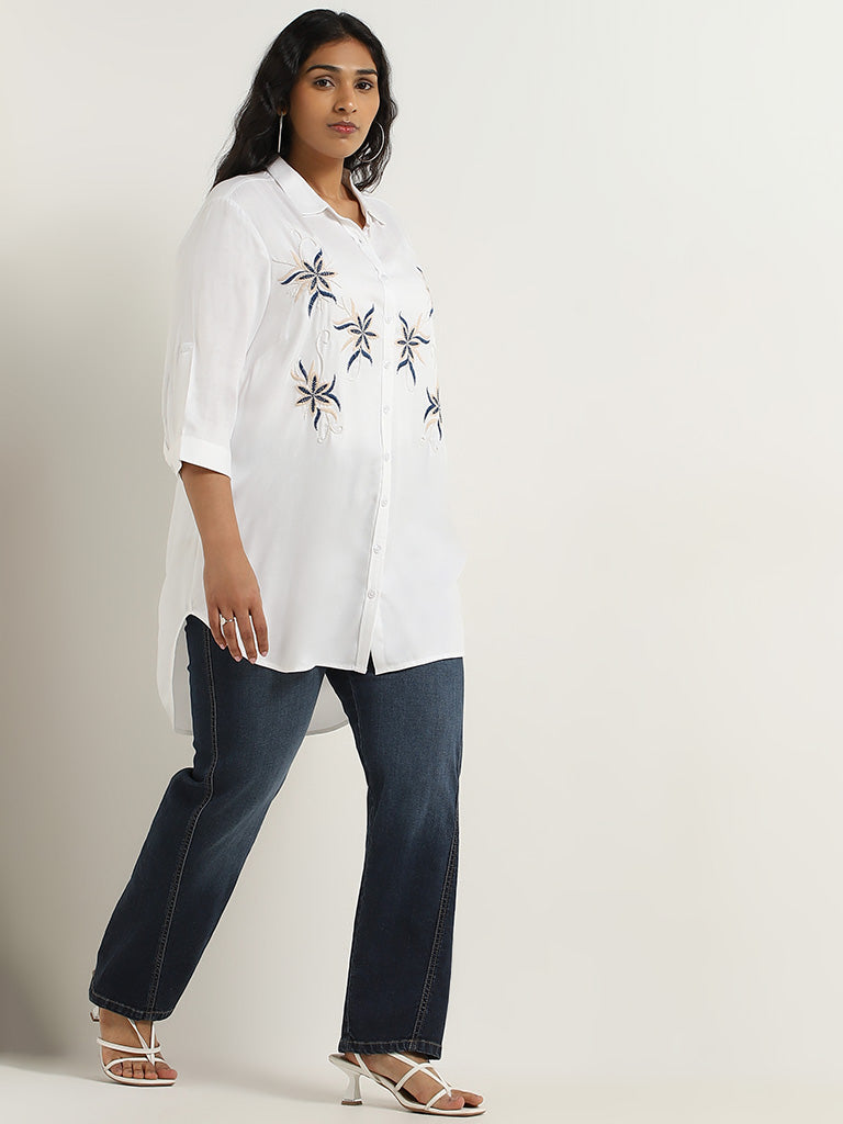 Gia White Floral Embroidered Cotton High-Low Shirt