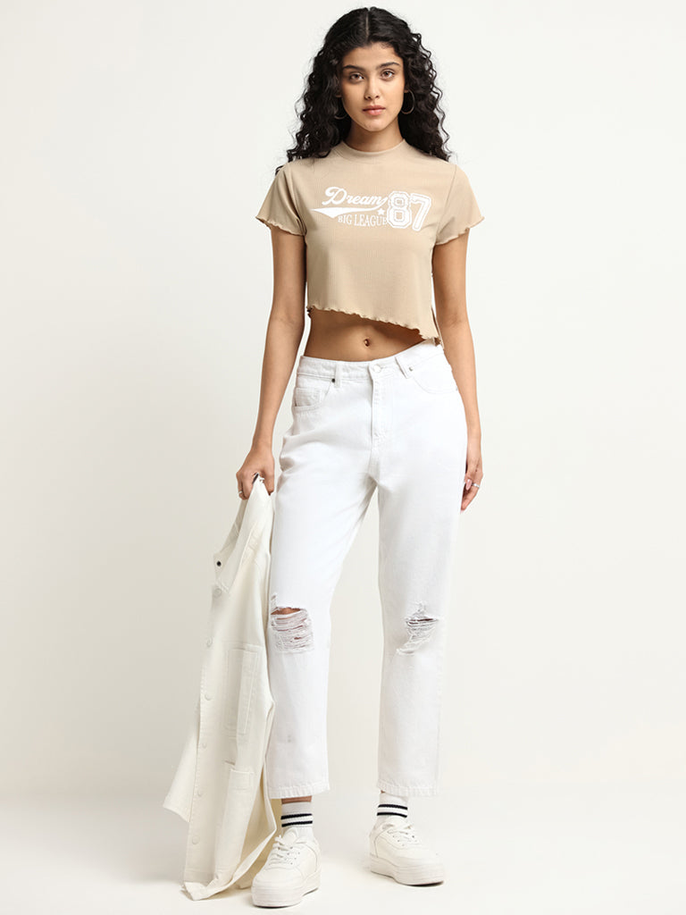 Nuon Beige Printed Cotton Crop T-Shirt
