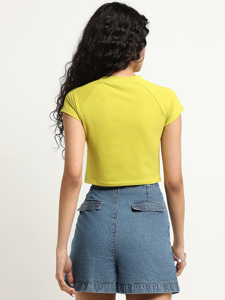 Nuon Green Printed Ruched Cotton-Blend Crop T-Shirt