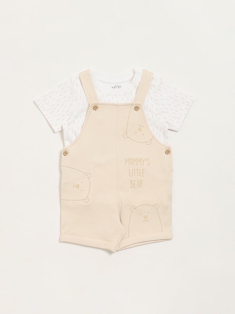 HOP Baby Beige Embroidered Dungaree with T-Shirt Set