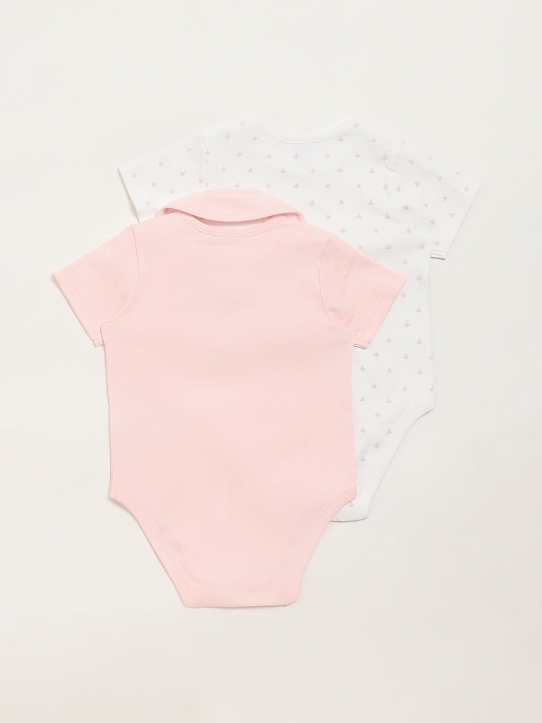 HOP Baby Pink & White Printed Rompers with Bib - Pack of 2