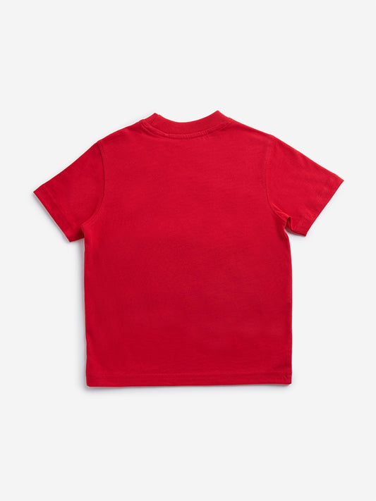 HOP Kids Red Printed Embroidered T-Shirt