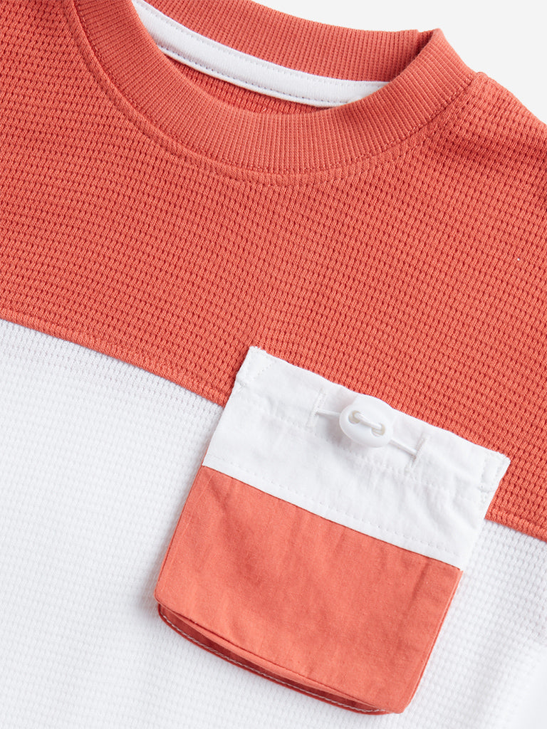 Westside HOP Kids Dusty Orange Colour blocked Cotton T-Shirt for Casual Wear Zoomed View