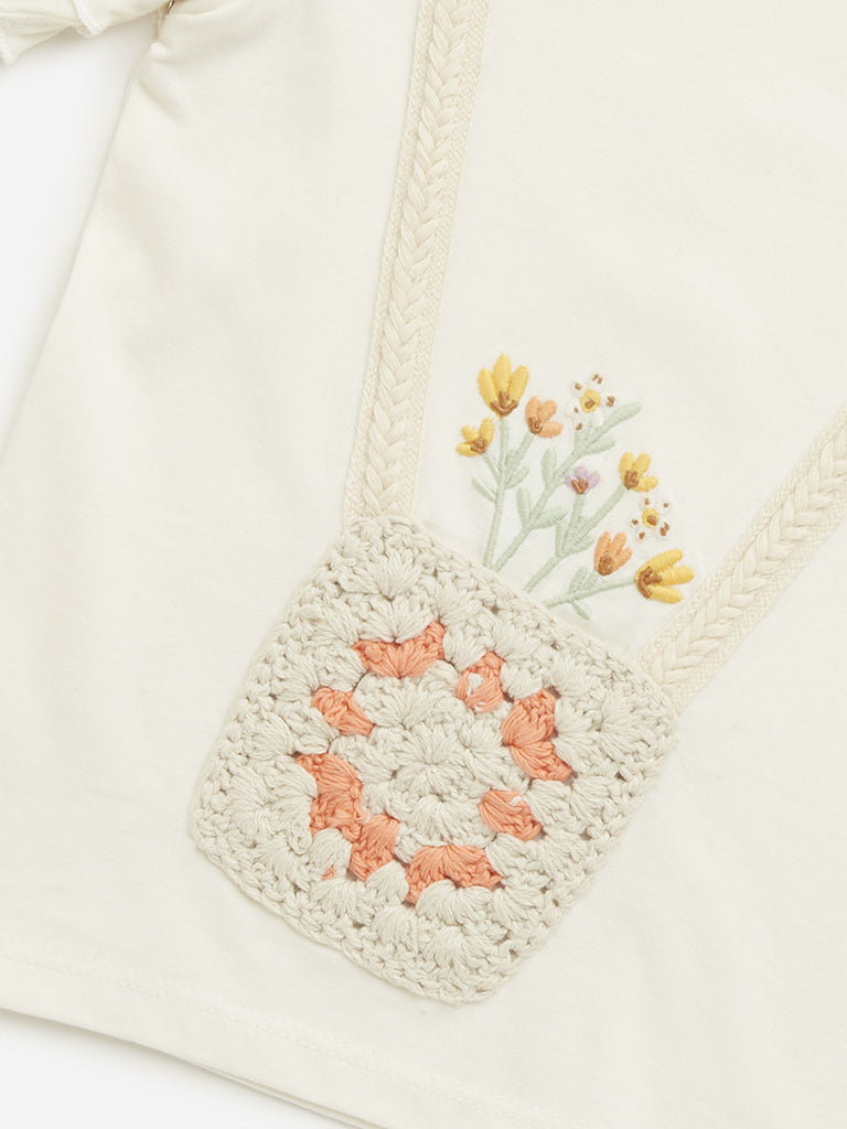 Westside HOP Kids Off-White Crochet Detailed Cotton Top for Casual Wear Zoomed View