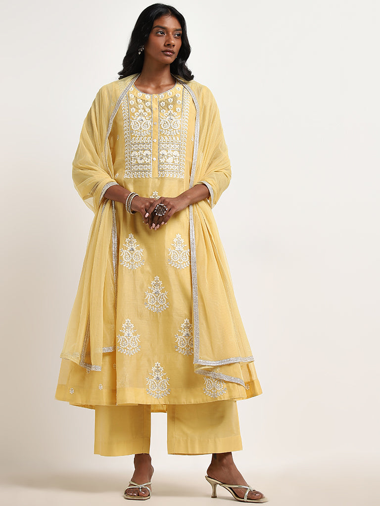Buy Vark Yellow Embroidered Kurta, Inner, Pants Dupatta Set from