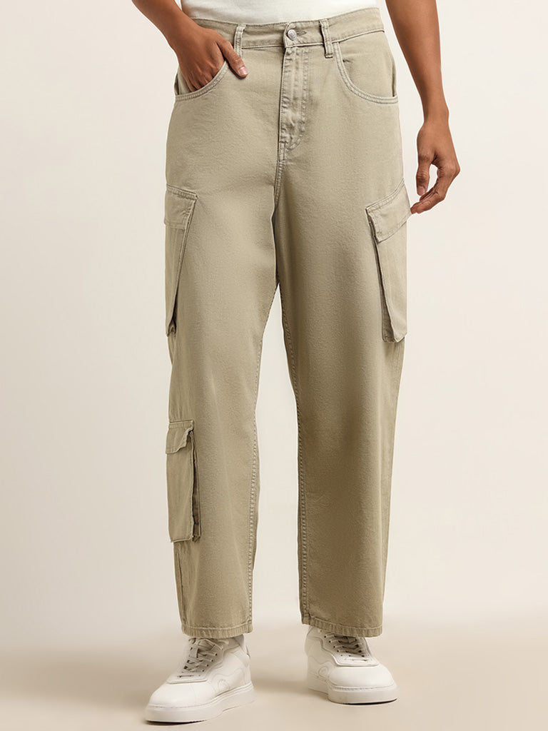 Nuon Beige Cargo Style Mid Rise Relaxed Fit Jeans