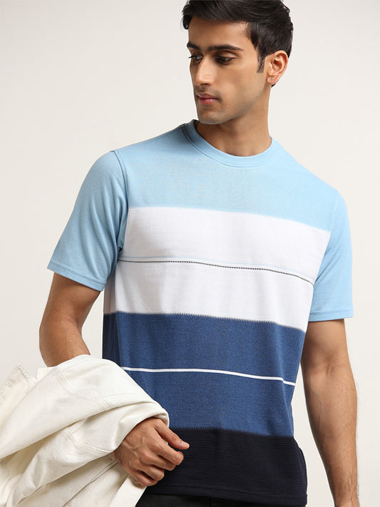 WES Lounge Blue Striped Cotton Blend Relaxed Fit T-Shirt