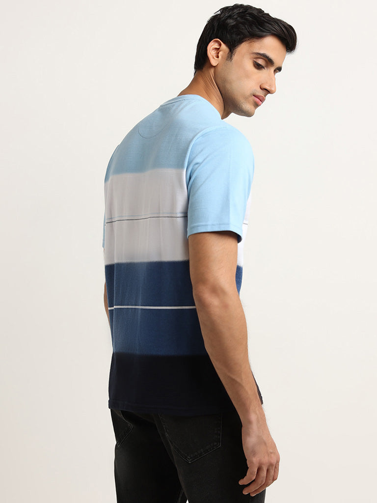 Westside WES Lounge Men's Blue Striped Cotton-Blend Relaxed Fit T-Shirt for Casual Wear Back View
