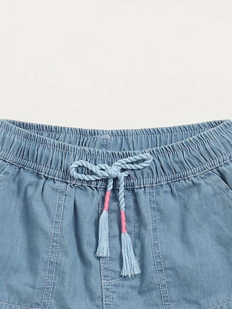 Westside HOP Kids Light Blue Chambray Mid Rise Cotton Shorts for Casual Wear Zoomed View