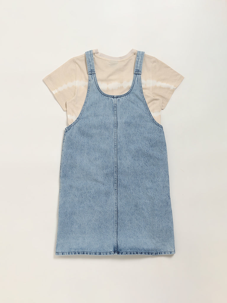 Y&F Kids Denim Blue Straight Pinafore Dress with T-Shirt