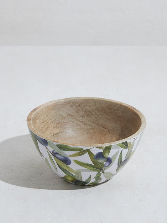 Westside Home Olive Green Foliage Printed Wooden Bowl-Small