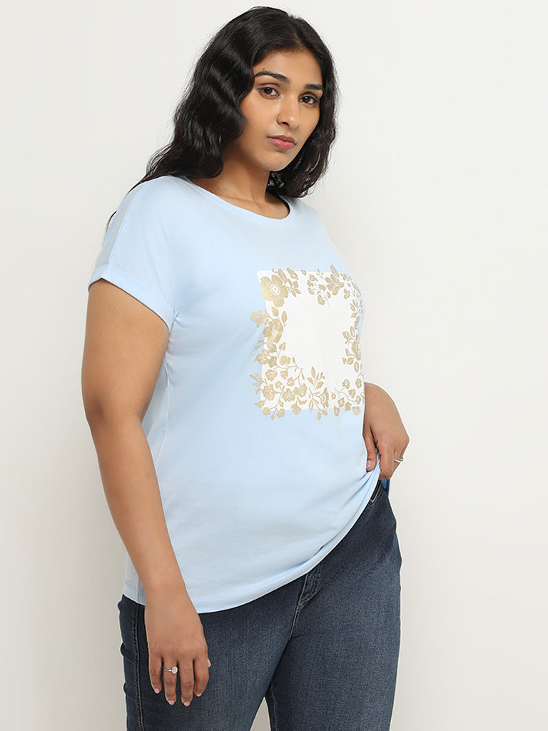 Gia Light Blue Floral Printed Cotton T-Shirt